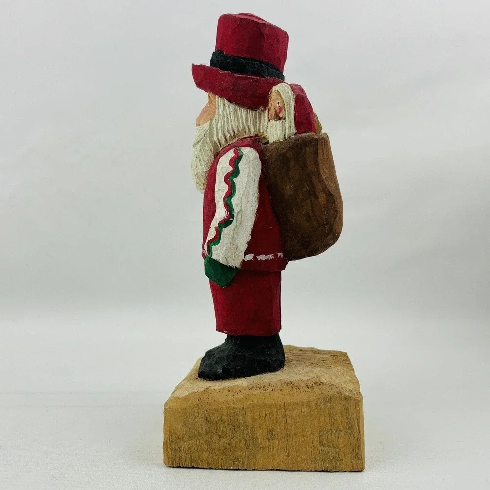 Vintage Wood Santa & Bag Figure Hand‎ Carved Handmade Painted Signed Slim 92